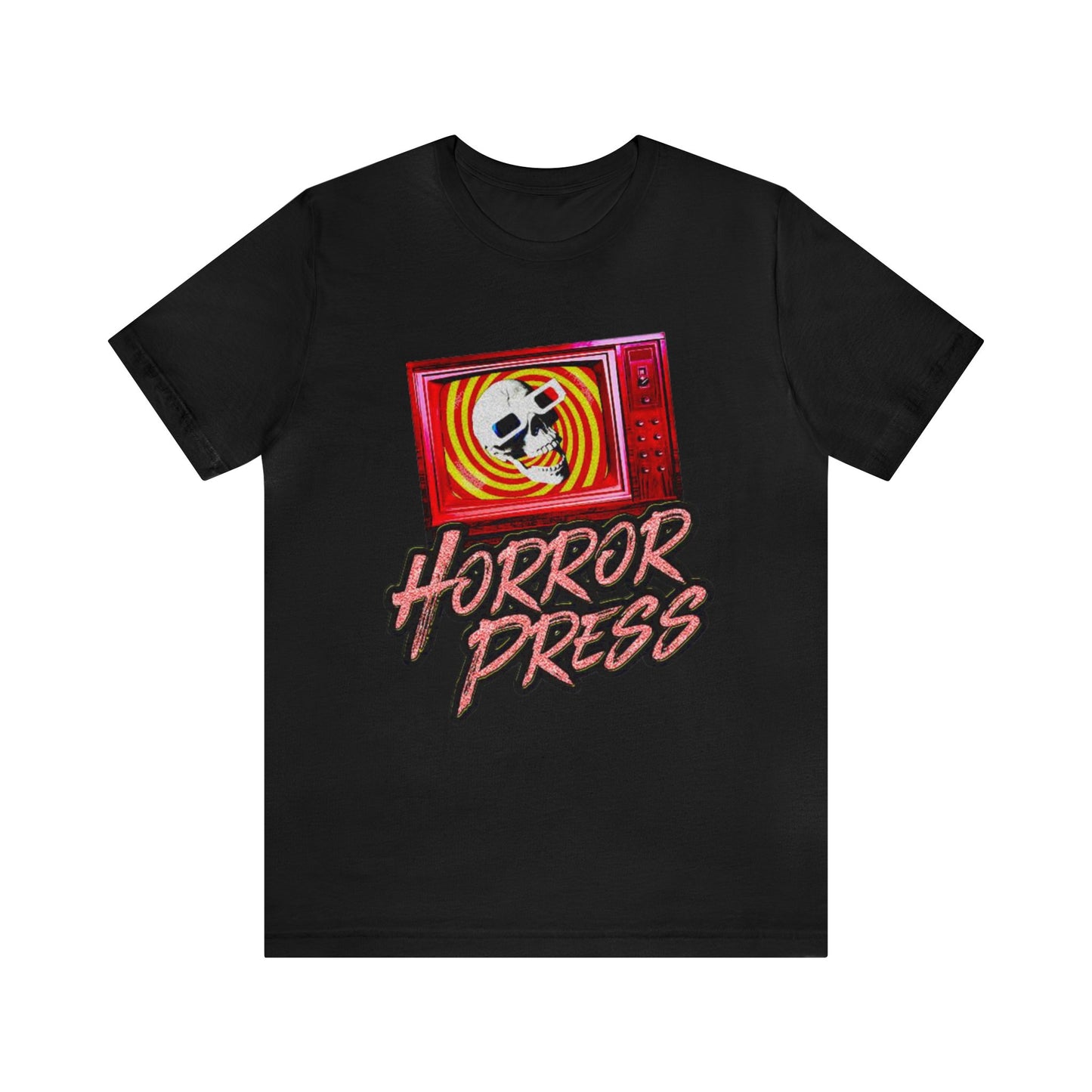 Horror Press Skully T-Shirt - Horror Press Black Tee - Horror Movie Fan Gift  - Horror Press Horror Fan Shirt - Scary Movie Fan Shirt - Skull on Black T-Shirt - Black and Pink Skull T-Shirt