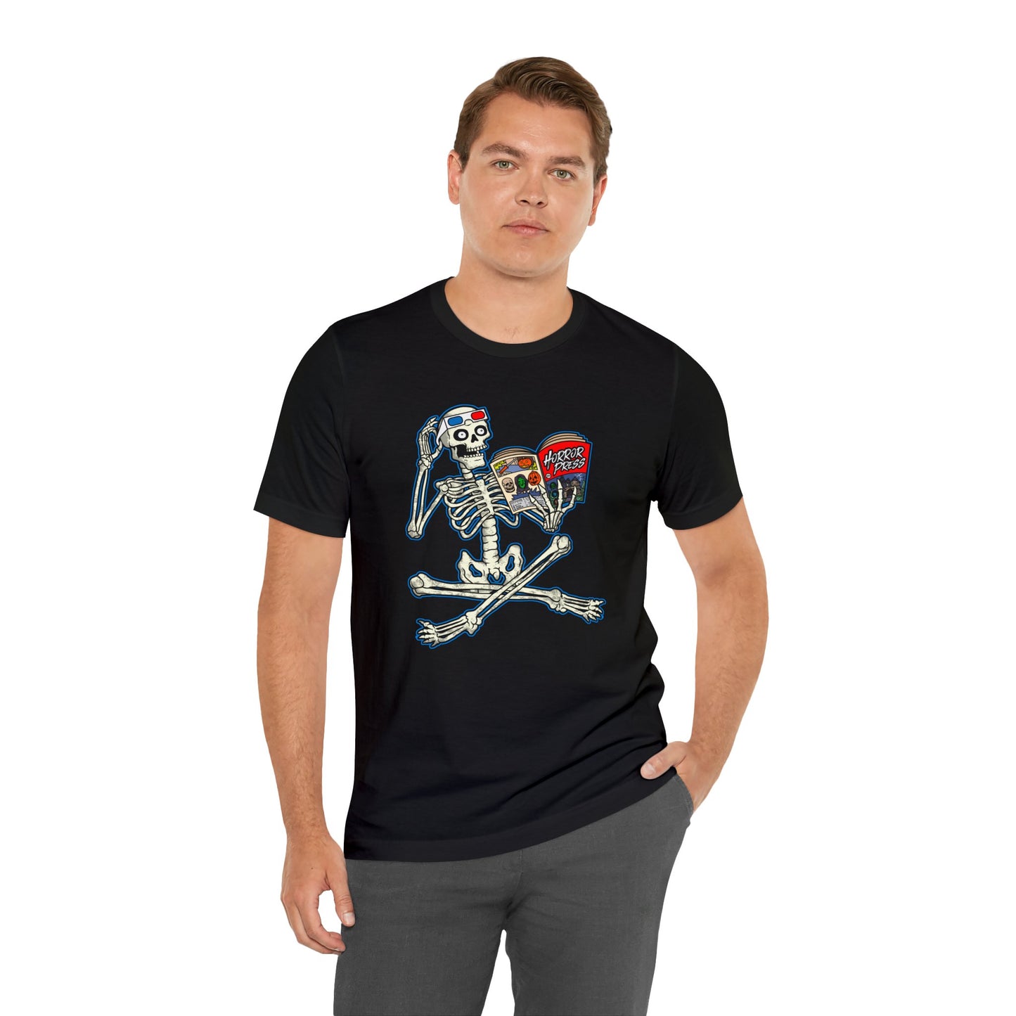 Horror Press Rad Skeleton T-Shirt - Horror Press Unisex Tee - Horror Press Black T Shirt - Horror Press Horror Movie Fan Shirt - Scary Movie Fan Shirt - Horror Game Fan Tee - White on Black T-Shirt
