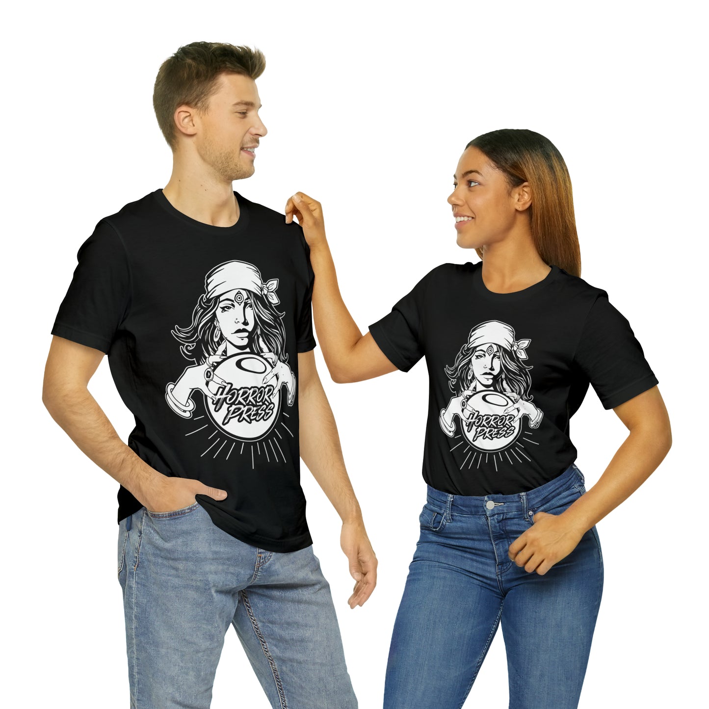 Madame Horror Press T-Shirt - Horror Press Unisex Tee - Horror Press Fortune Teller Tee  - Horror Press Horror Fan Shirt - Scary Movie Fan Shirt - Horror Game Fan Tee - White on Black T-Shirt