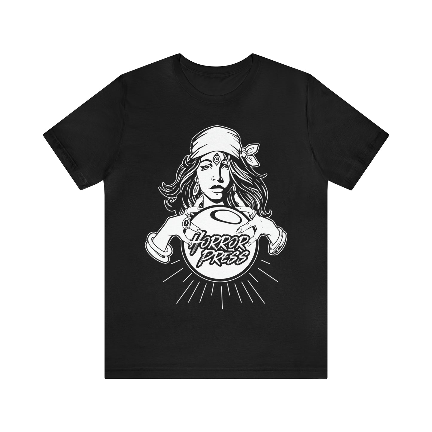 Madame Horror Press T-Shirt - Horror Press Unisex Tee - Horror Press Fortune Teller Tee  - Horror Press Horror Fan Shirt - Scary Movie Fan Shirt - Horror Game Fan Tee - White on Black T-Shirt