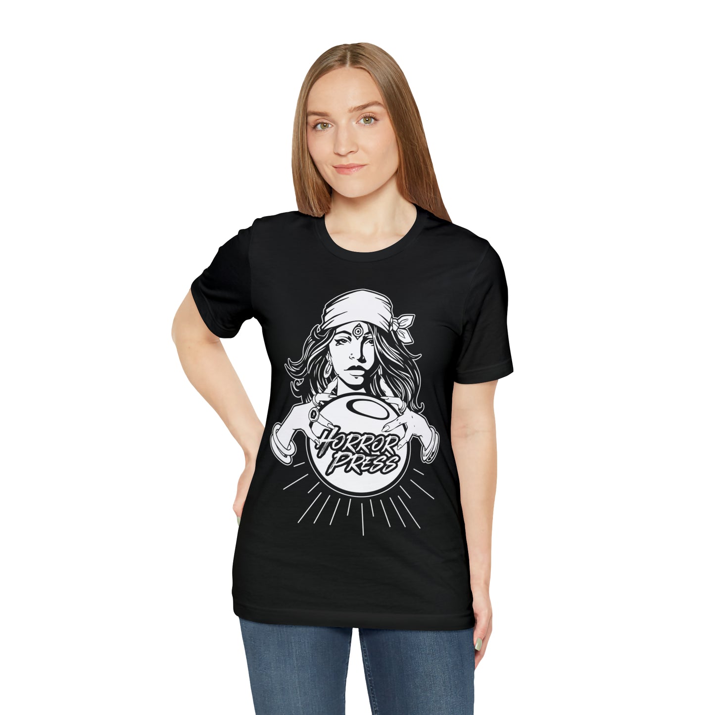 Madame Horror Press T-Shirt - Horror Press Unisex Tee - Horror Press Fortune Teller Tee  - Horror Press Horror Fan Shirt - Scary Movie Fan Shirt - Horror Game Fan Tee - White on Black T-Shirt