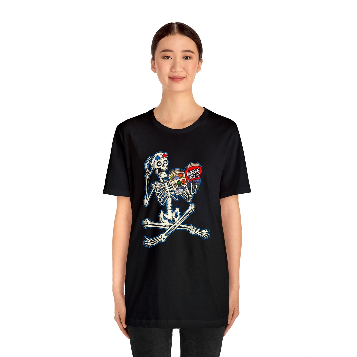 Horror Press Rad Skeleton T-Shirt - Horror Press Unisex Tee - Horror Press Black T Shirt - Horror Press Horror Movie Fan Shirt - Scary Movie Fan Shirt - Horror Game Fan Tee - White on Black T-Shirt