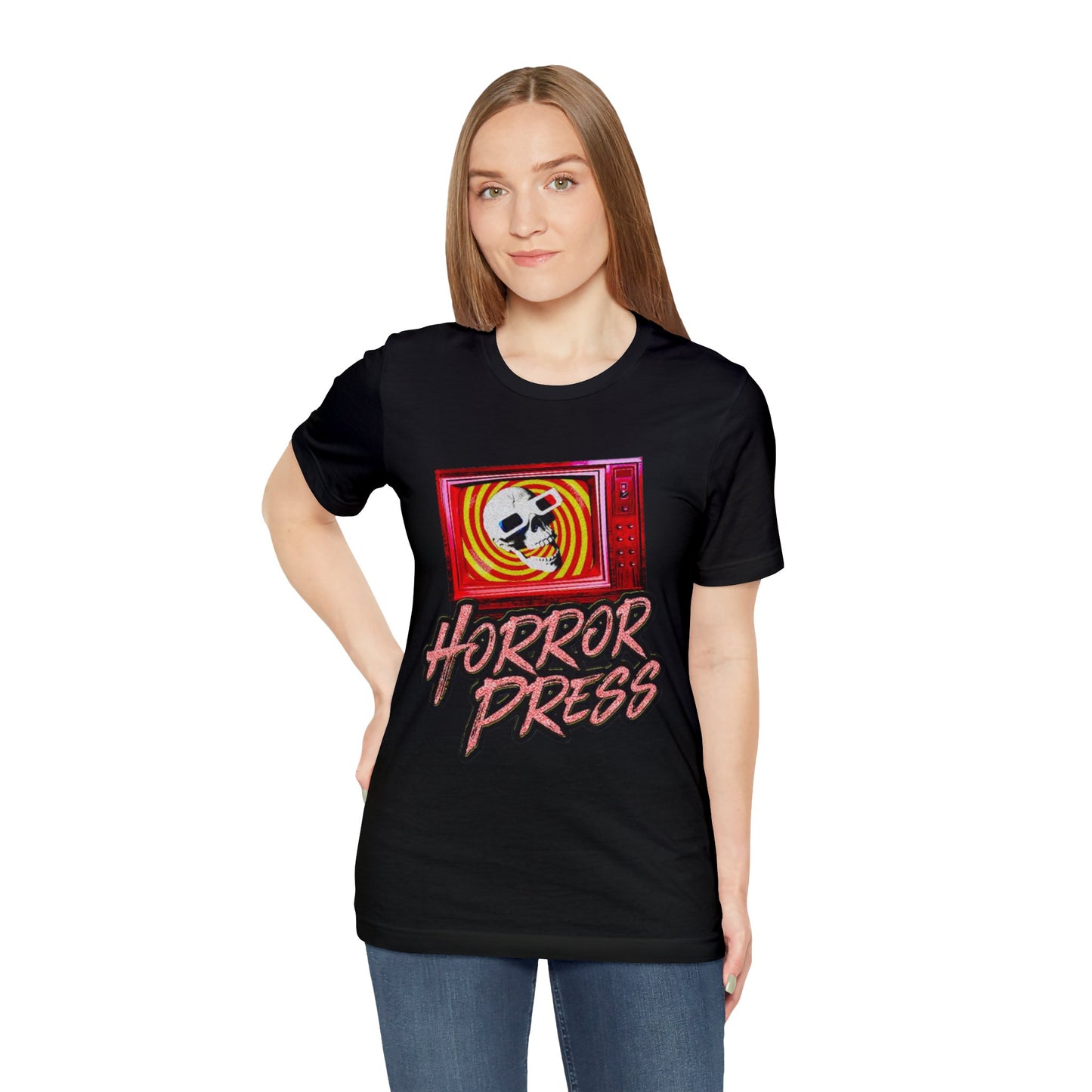 Horror Press Skully T-Shirt - Horror Press Black Tee - Horror Movie Fan Gift  - Horror Press Horror Fan Shirt - Scary Movie Fan Shirt - Skull on Black T-Shirt - Black and Pink Skull T-Shirt